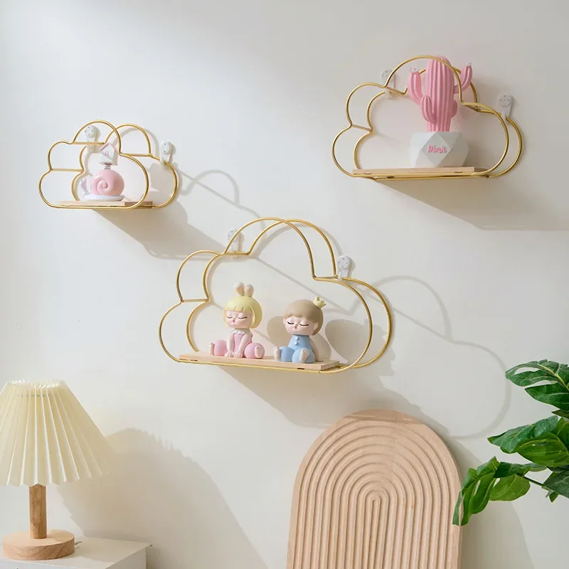 Wooden Wall Shelves Display Stand Creative Cloud Iron Shelving Nordic Style For Children Room