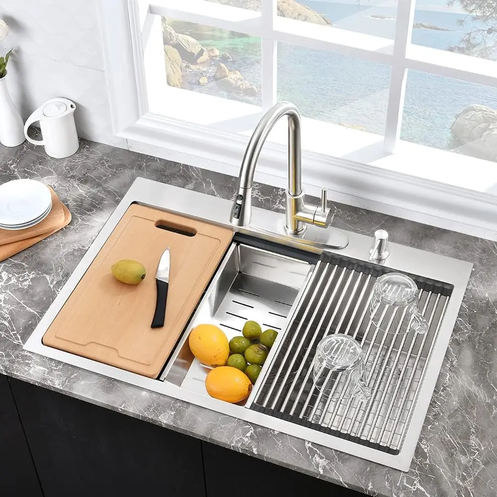 USA 25 Inch Drop In Kitchen Sink Workstation 25x20x10 Stainless Steel Overmount Kitchen Sink 10 Inch Deep Sink w/Cutting Board 2
