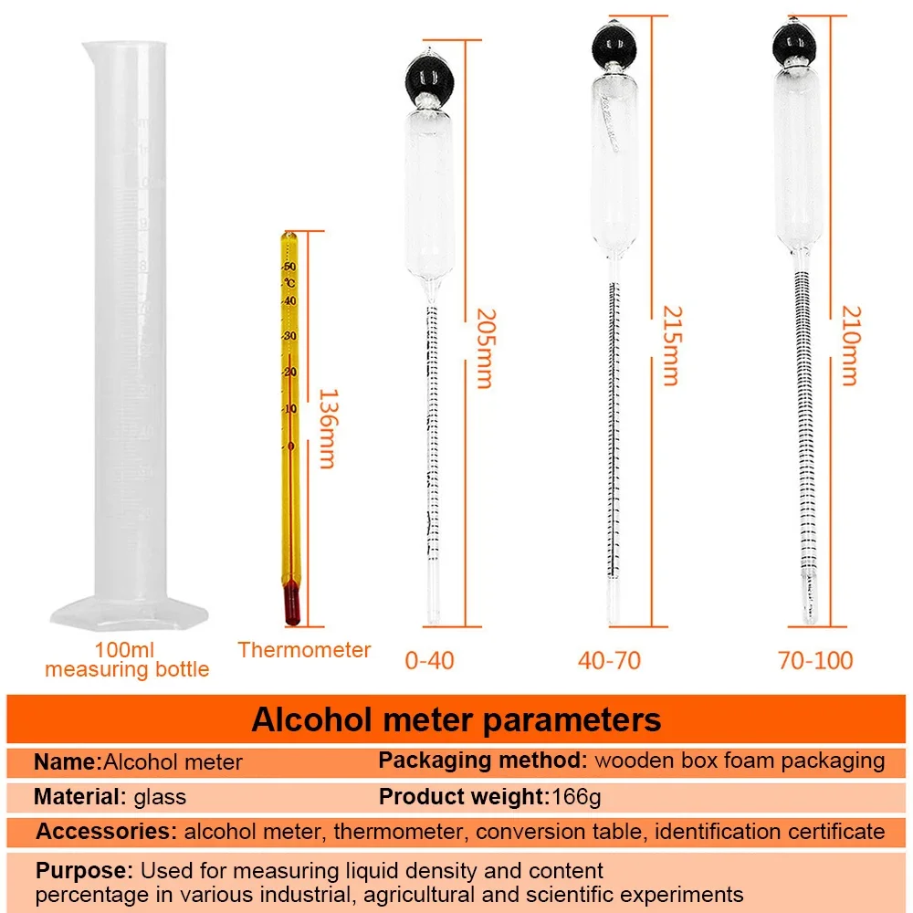 Alcohol Meter Professional Detector Set Tool 0-100% For Vodka Whiskey Wine Concentration Meter