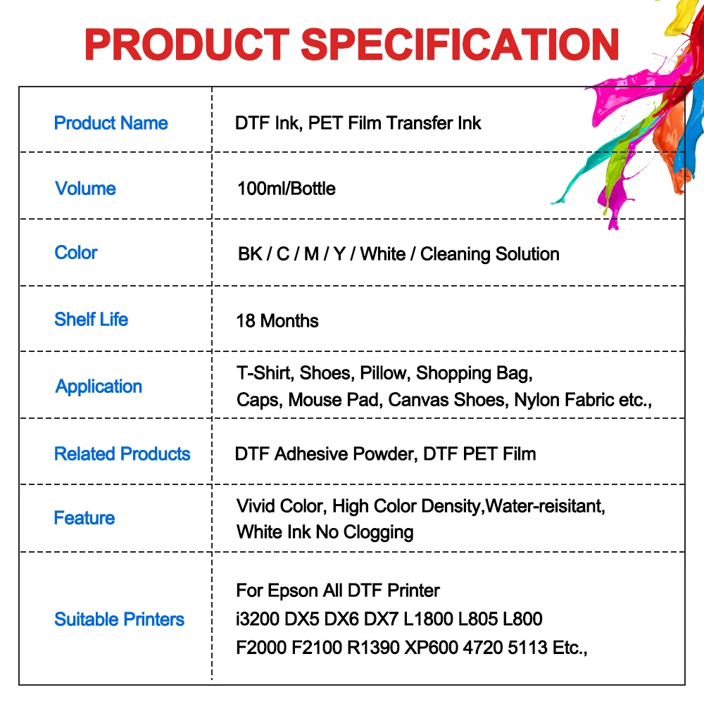 100ml DTF Ink Transfer Film Ink for EPSON DX5 DX6 DX7 XP600 4720 L805 L800 L1800 i3200 All DTF Printers White Pigment Ink
