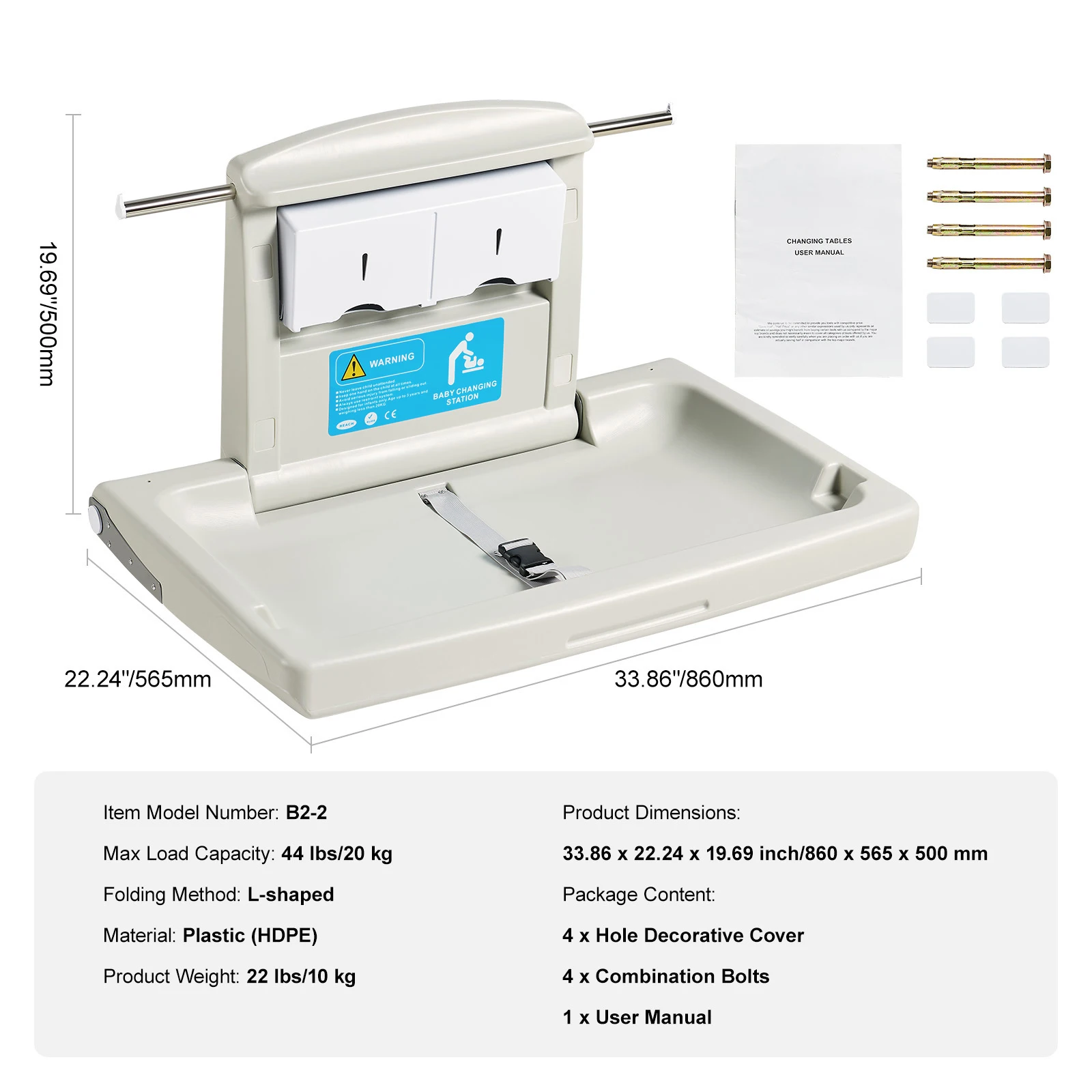 SucceBuy Wall-Mounted Baby Changing Station Horizontal Foldable Diaper Change Table Safety Straps and Hanging Rods for Newborns