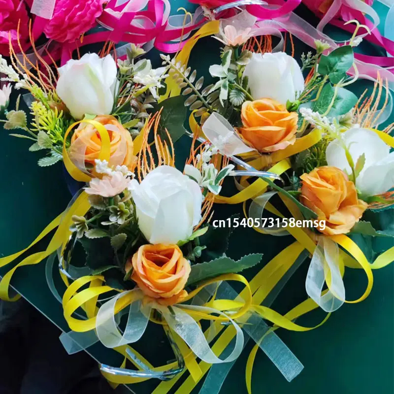 Artificial Flower Decoration Outdoor Car Mirror Door Romantic Floral Wedding Decor Ribbon Fake Flower Decoration Supplies 4PCS