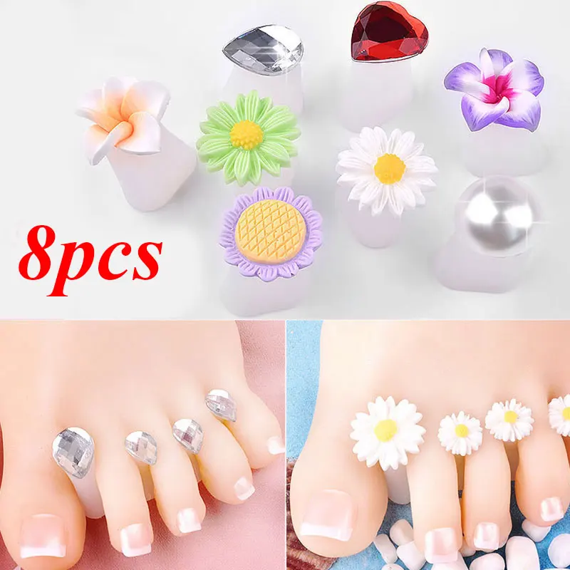8 Pcs Silicone Toes Separators For Manicure Daisy Flower Diamond Decor Nail Art Foot Finger Separator Stretcher Manicure Tool