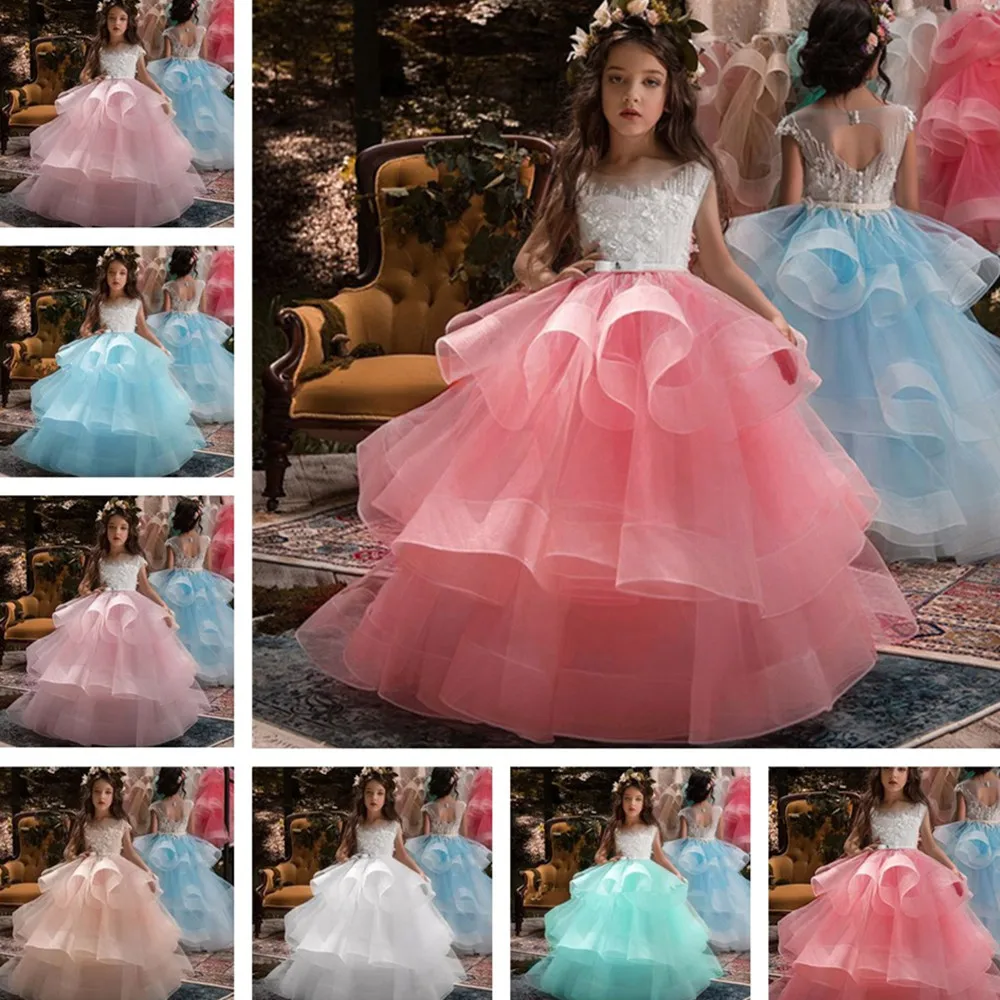 

Flower Girl Dresses Tulle Beading Appliqued Pageant For Girls First Communion Kids Prom Dresses