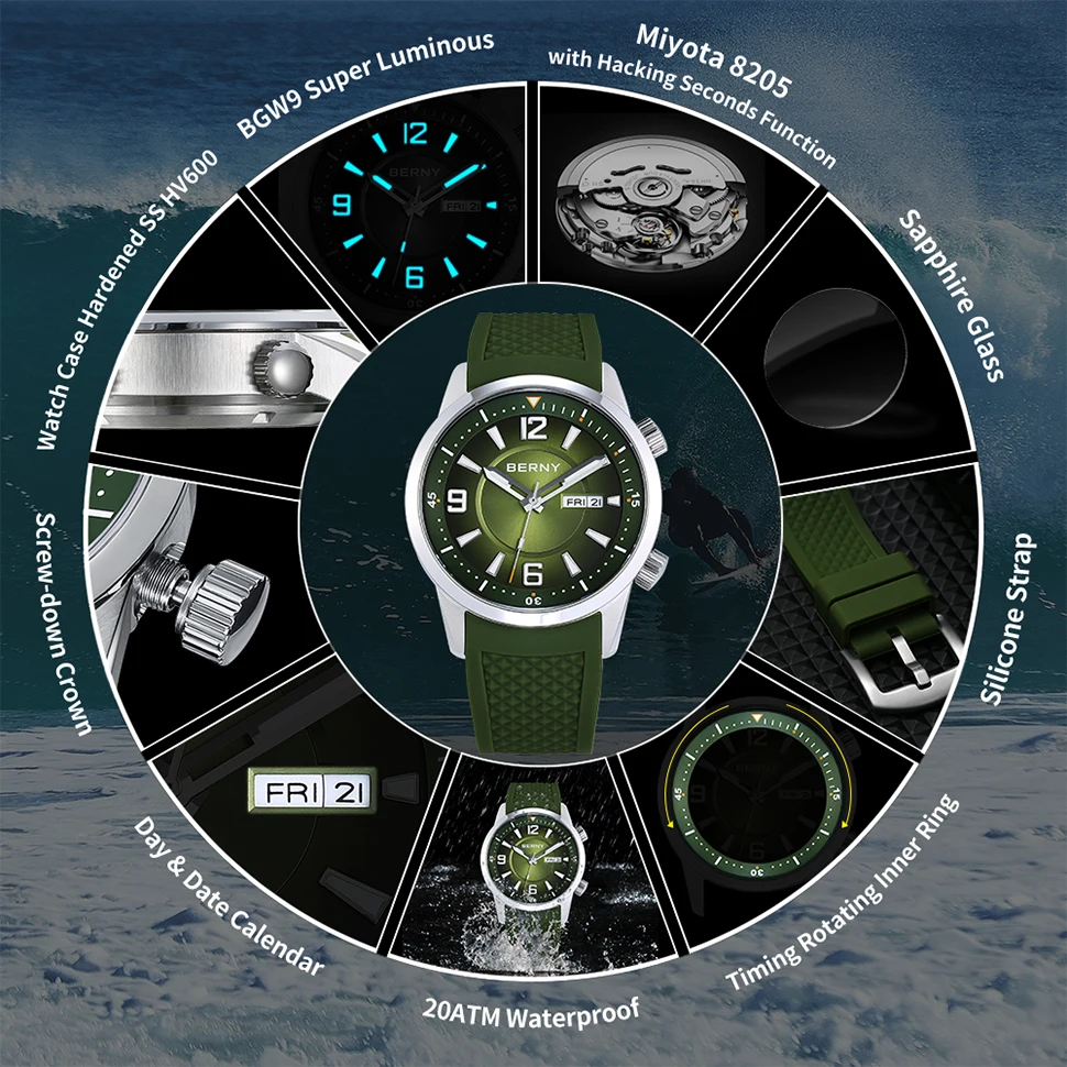 Berny Duiker Horloge Voor Mannen 20atm Automatisch Duiken Horloge Mechanisch Polaris Polis Super Lichtgevende Rvs Heren Horloges