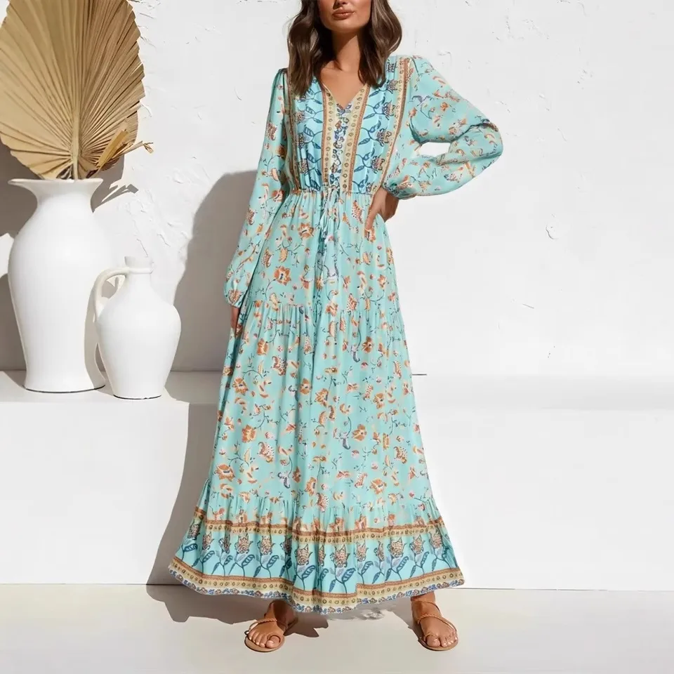 Abo lungo Boho con scollo a V profondo e coulisse in va Abo lungo da donna con stampa modello primaverile Abo lungo vintage estivo a maniche corte