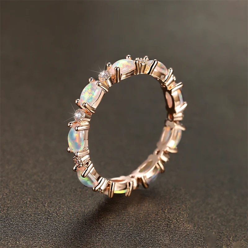 Boho Female Small Oval Stone Ring Fashion Rose Gold Silver Color Wedding Rings For Women Blue White Fire Opal Engagement Ring