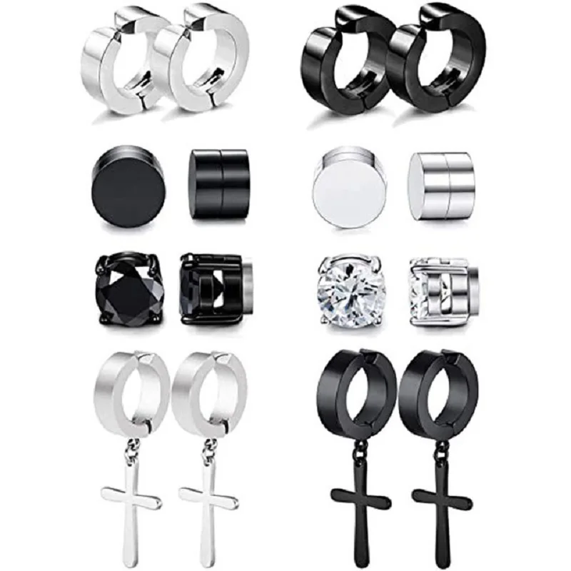 6/8/10 Pairs Punk Mens Magnet Magnetic Ear Stud Set Non Piercing Earrings Fake Cross Earrings Gift for Boyfriend Lover Jewelry