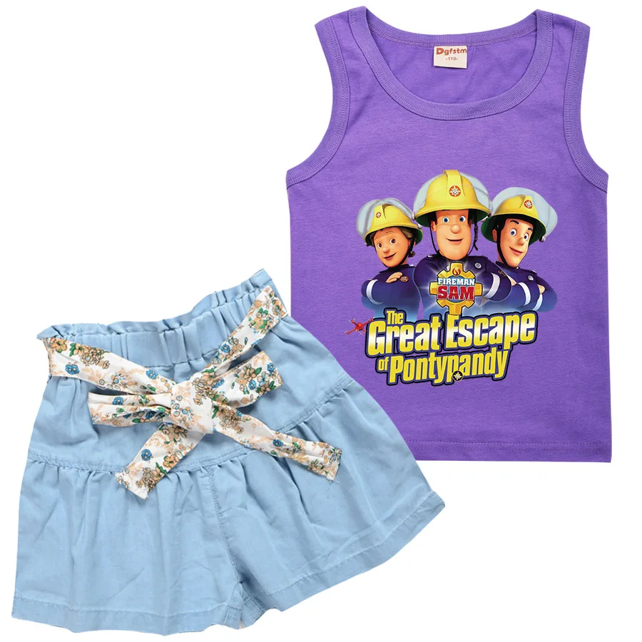 

Children Fireman Sam Clothes Kids Summer Sleeveless T-shirt+A-Line Denim Shorts 2pcs Sets Children Birthday Party Clothing Set