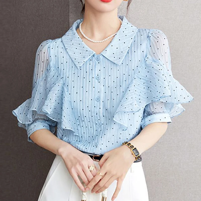 2024 Summer Women Korean Fashion Ruffles Polka Dot Print Shirts Lapel Elegant Chic Sweet Chiffon Blouses Short Sleeve Loose Tops