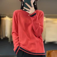 100% Cotton Knitwear Women's Round Neck Sweater Spring And Summer New Loose Color Matching Cotton And Linen Bottoming Shirt - Image 3