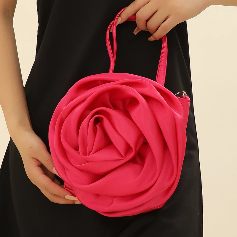 Silk And Satin Solid Color Three dimensional Rose Flower Shaped Handbag Party Wedding And Female Dinner Bag