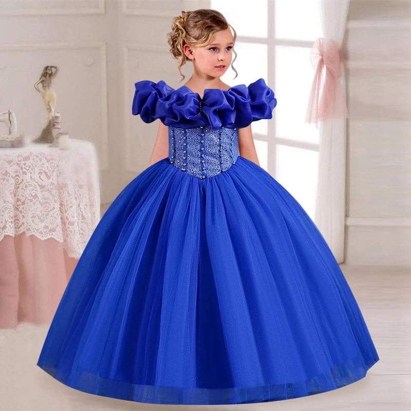 New sequin children\'s girls elegant wedding pearl petal girl dress princess party beauty pageant sleeveless lace tulle 4-12 year