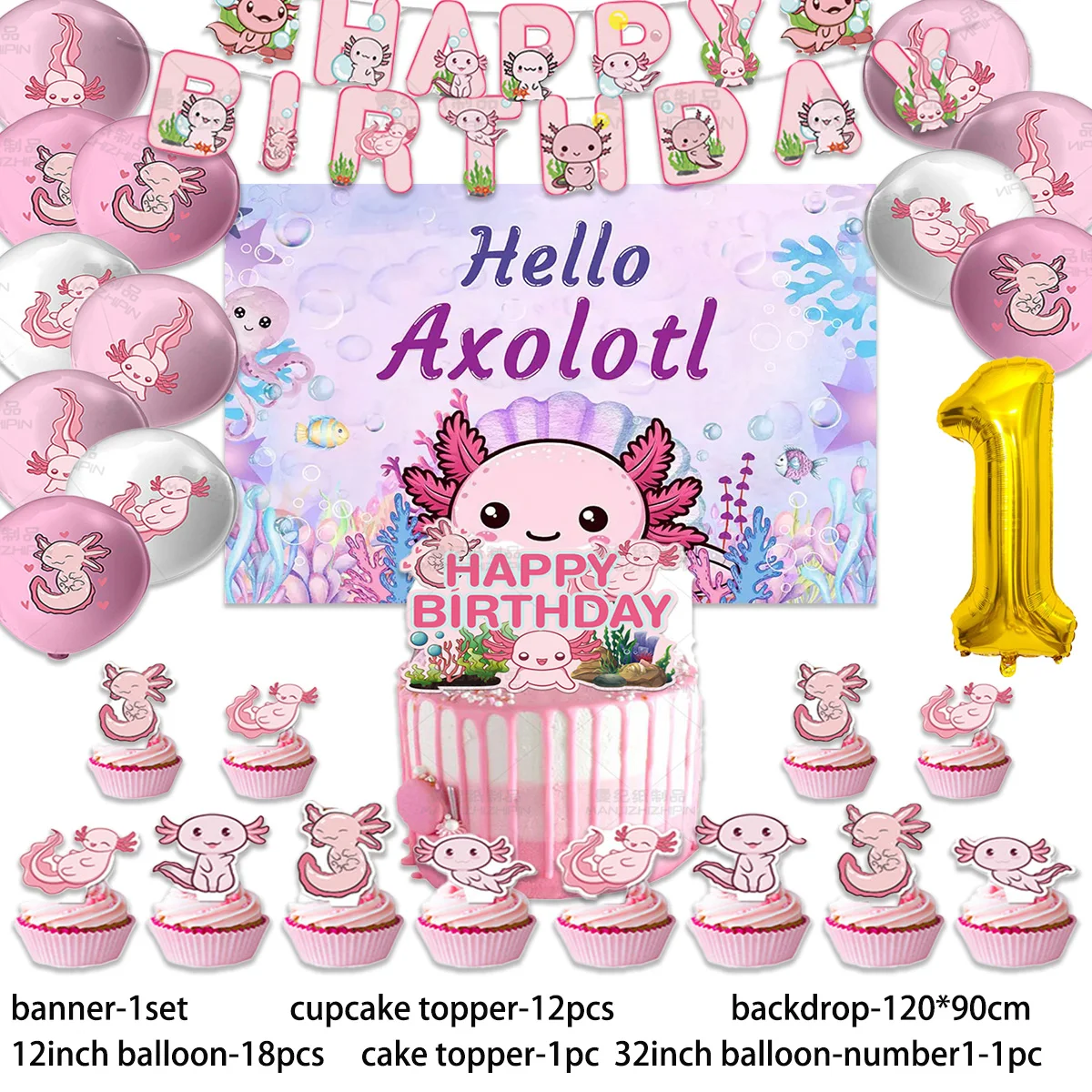 Description Picture 6 of itemCute Pink Axolotl Theme Birthday Party Supplies Decor Underwater Animal Balloon Banner Backdrop Cake Topper Kid Baby Shower Gift
