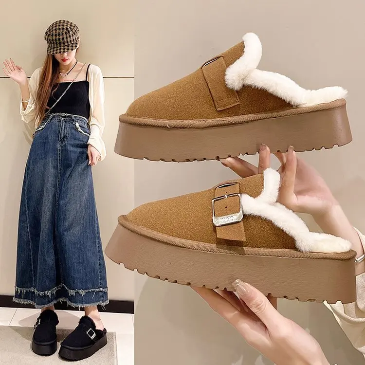 Slippers for female outerwear wearing 2023 new autumn and winter thick soles, wrapped head, half slippers, home cotton shoes, pl