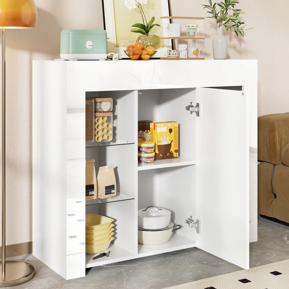 PINGGO Modernes Weißes Buffet Hochglanz-Finish Kompakte Glasregale Schranktür Wohn- Esszimmer Küche Aufbewahrungslösung – Detail 5