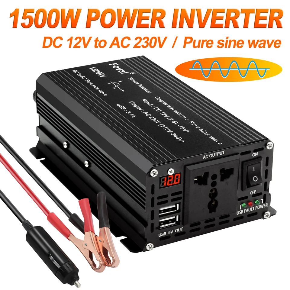 Pure Sine Wave Inverter DC 12V to AC 220V 230V 1500W/2200W/2600W Voltage  Transfer Converter Universal EU Socket Auto Accessories