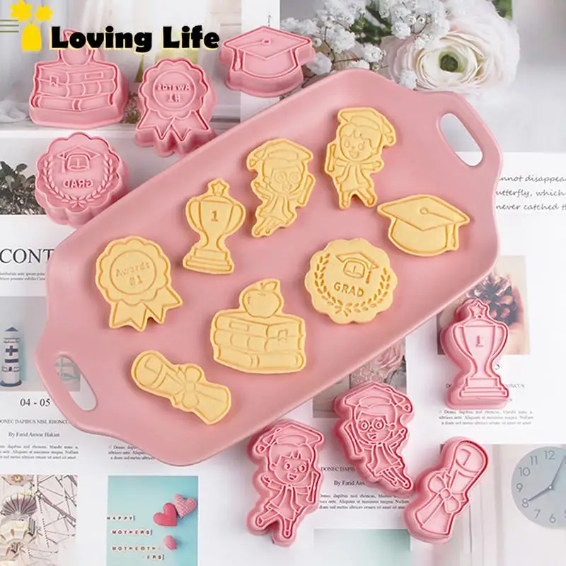 8Pcs/set Congrats Graduation Cookie Cutter Biscuit Mold 3D Press Plastic Cookie Mold Fondant Baking Supplies Decoration cookie cutter baking mold cookie mould fondant cutter
