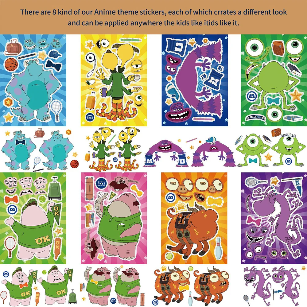 8/16Sheets Disney Monsters University Make-a-Face Puzzle Stickers Children DIY Assemble Jigsaw Education Sticker for Kids Toys disney monsters university new children s backpack cartoon mini children s schoolbag fashion boys and girls waterproof backpack