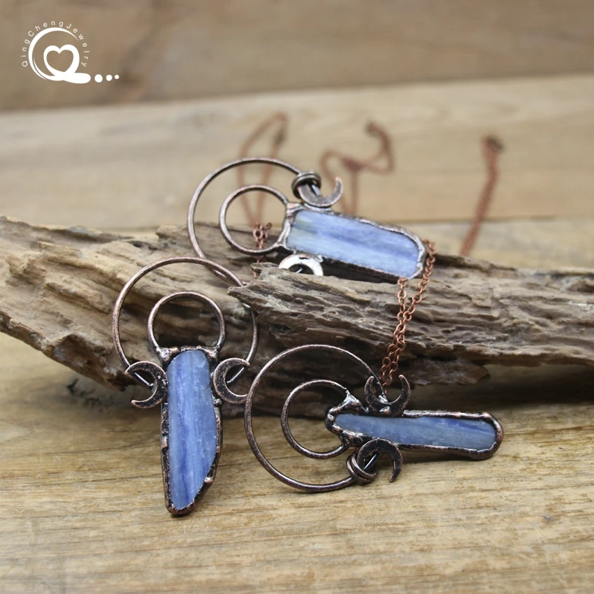 Kyanite Slice Antique Copper Pendants Necklace,Soldered Bronze Natural Blue Quartz Moon Accessories Chains Retro Jewelry,QC3376