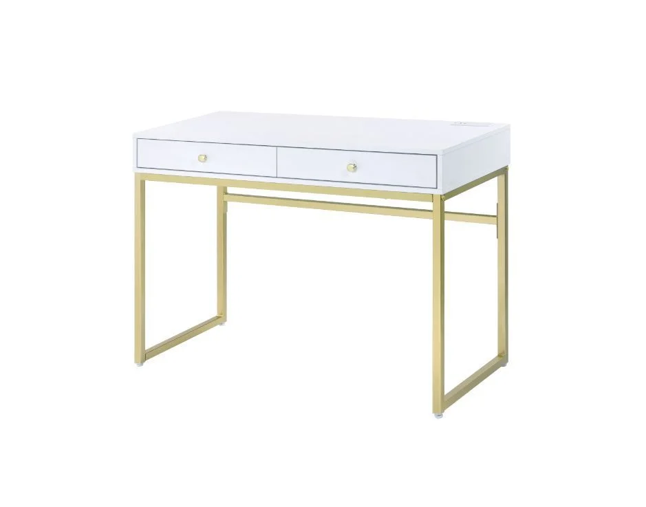 Coleen Built-in USB Port Writing Desk, White & Brass Finish 93052