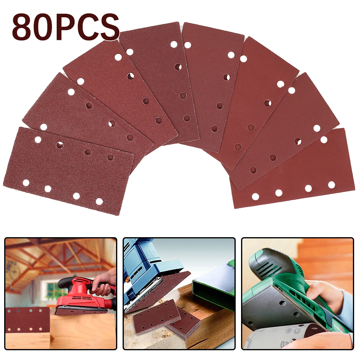 

80Pcs Rectangular Sander Paper Aluminum Oxide Hook and Loop Sandpaper Anti-Static 8 Holes Sanding Pads Assorted 40/60/