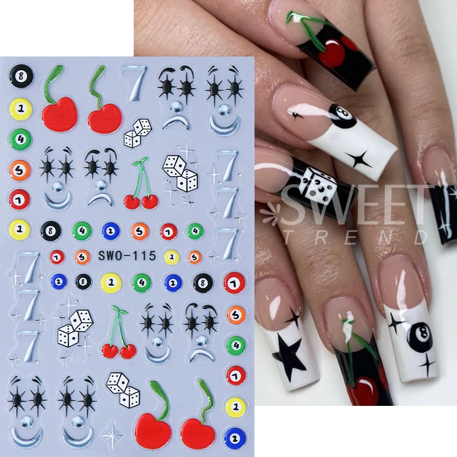 2pcs Halloween Clown Designs Nail Stickers 5D Cute Cherry Bow Billiard Star Adhesive Nail Decals DIY Manicure Decoration Sliders