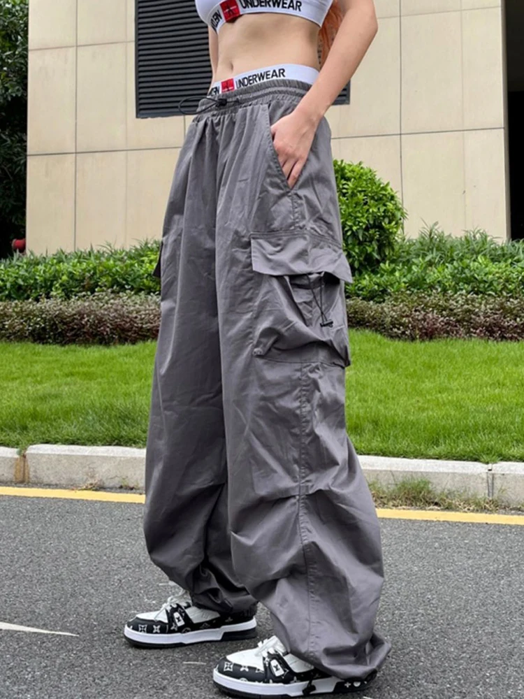Y2K Parachute Black Pants Women Hippie Streetwear Oversize Pockets Cargo Trousers Harajuku Wide Leg Baggy Sweatpants 4