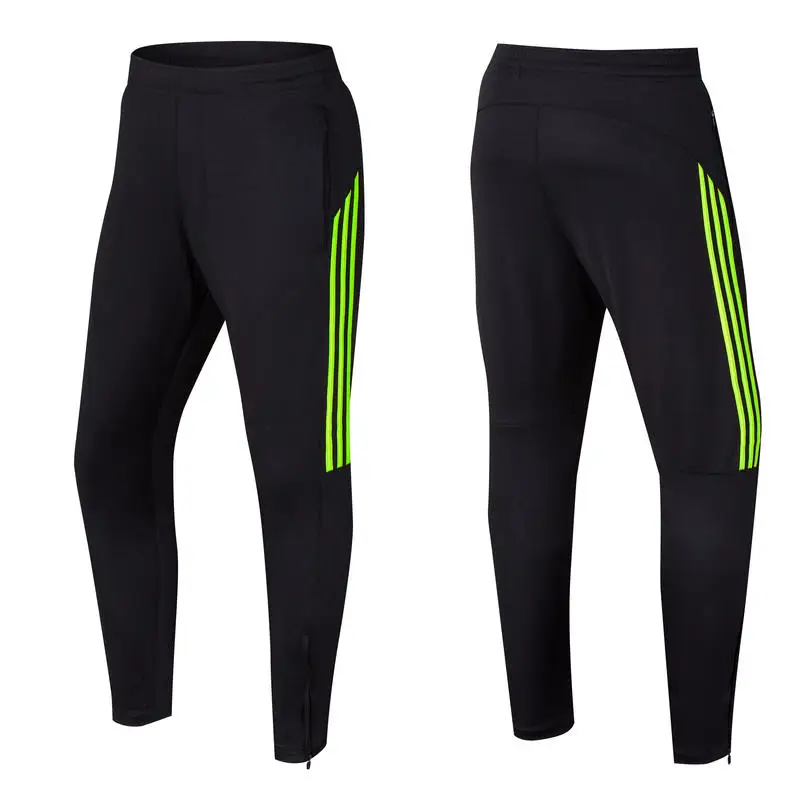 Men's Winter Training Black Pants with 3 lines Quick Dry Skinny Pants Adult Football Training Long Pants with Leg Slit Zippers