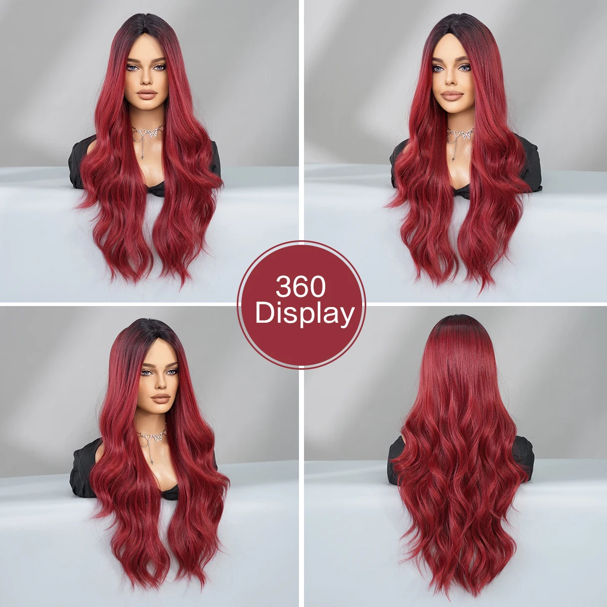 NAMM Long Loose Water Wave Wine Red Wigs with Dark Roots High Quality Synthetic Layered Middle Part DarkRed Hair Wig for Women