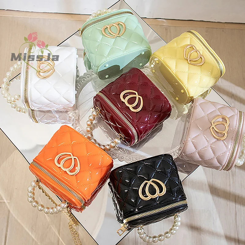 Korean Style Fashion Small Bucket Bag Ladies Handbag Girls' Mini Bag PVC Pearl Chain Jelly Simple Rhombus Shoulder