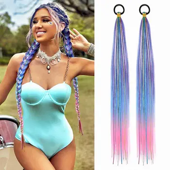 26 Inch Hair Tinsel Colored Braided Ponytail Extension 1/2 Pack Blue Pink Gradient Hair Extensions Synthetic Ponytail 1
