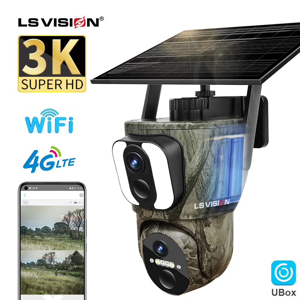 

LS VISION 3K Dual Screens 4G SIM Solar Camera Outdoor 6MP WiFi UHD Dual PIR Human/Animal Detection Auto Tracking Wildlife Camera