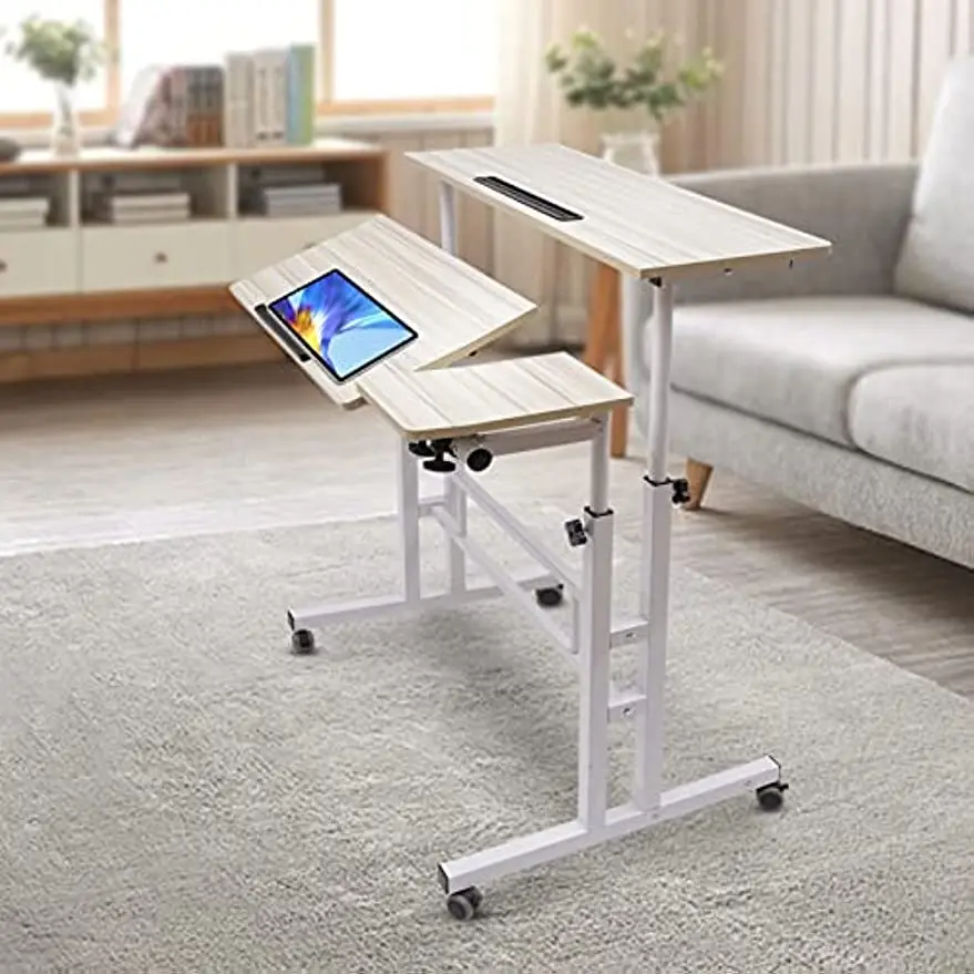 White Mobile Stand Up Desk Adjustable Laptop with Wheels 4 in 1 Rolling Table Home Office Table Standing 3