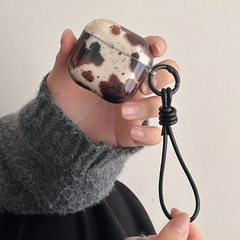 Elegant Black Agate Pattern Earphone Protective Cover with Keyring and Leather Rope