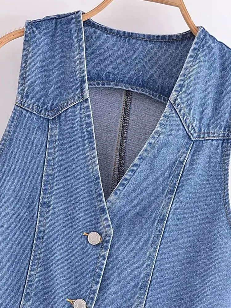 TRAF 2024 Summer Women Fashion Front Button Denim Waistcoat Vintage V Neck Sleeveless Female Outerwear Chic Tops