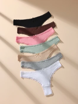 7Pcs/Set Women Thongs Panties Cotton Sexy Lace Underwear Tanga Solid Pants Plus Size Underpants G-Strings Female Lingerie S-3XL
