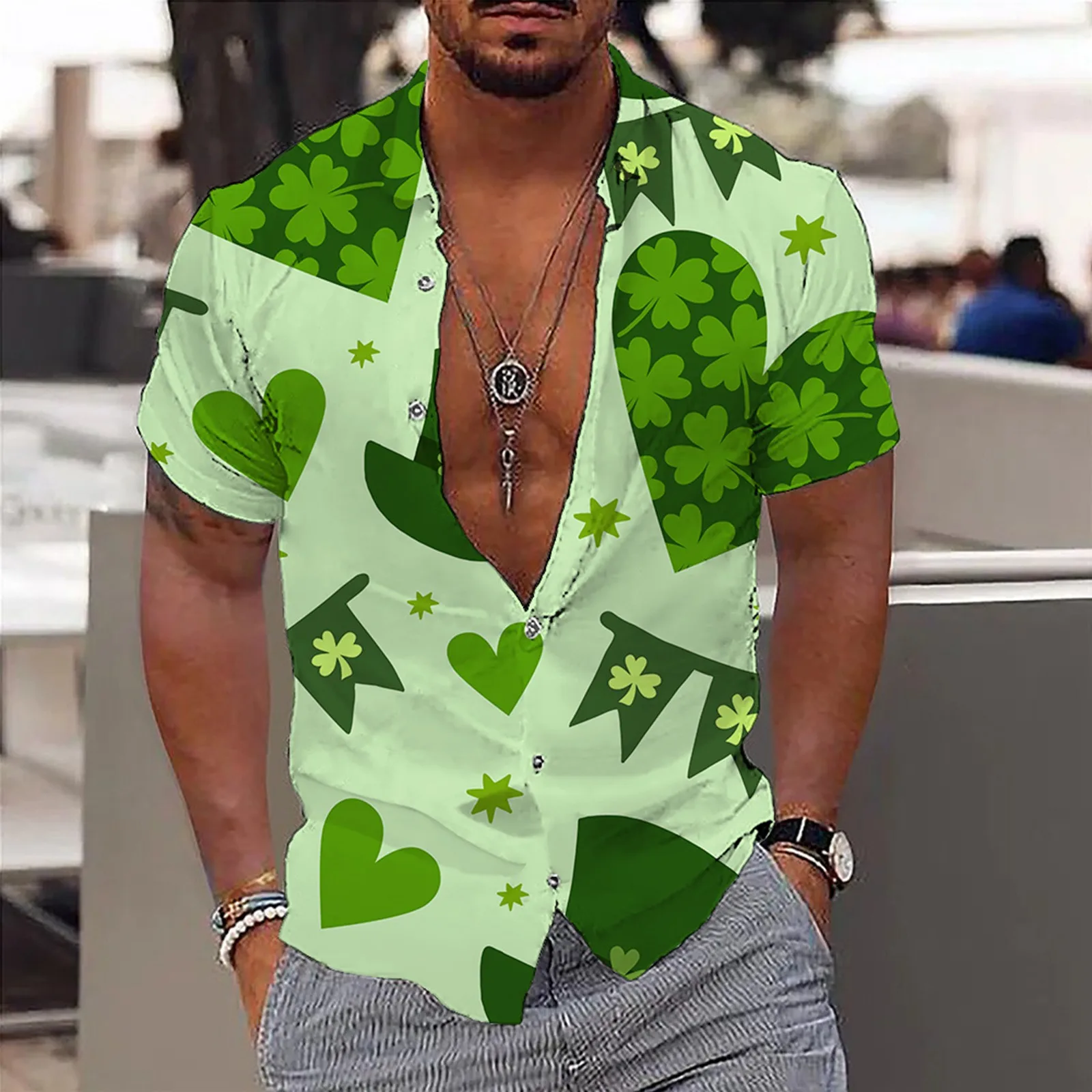 

St-Patrick-Day Graphic shirts Men's shirt Irish-National-Day Tops Short-Sleeve Blouses Hombre Green Clover lapel-neck camisas