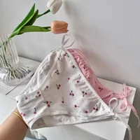 Lolita – culotte en coton à motif cerise pour femmes, sous-vêtements Sexy, blanc, rose, bretelles à lacets, doux, taille basse, Anime, tongs de demoiselle d'honneur 2