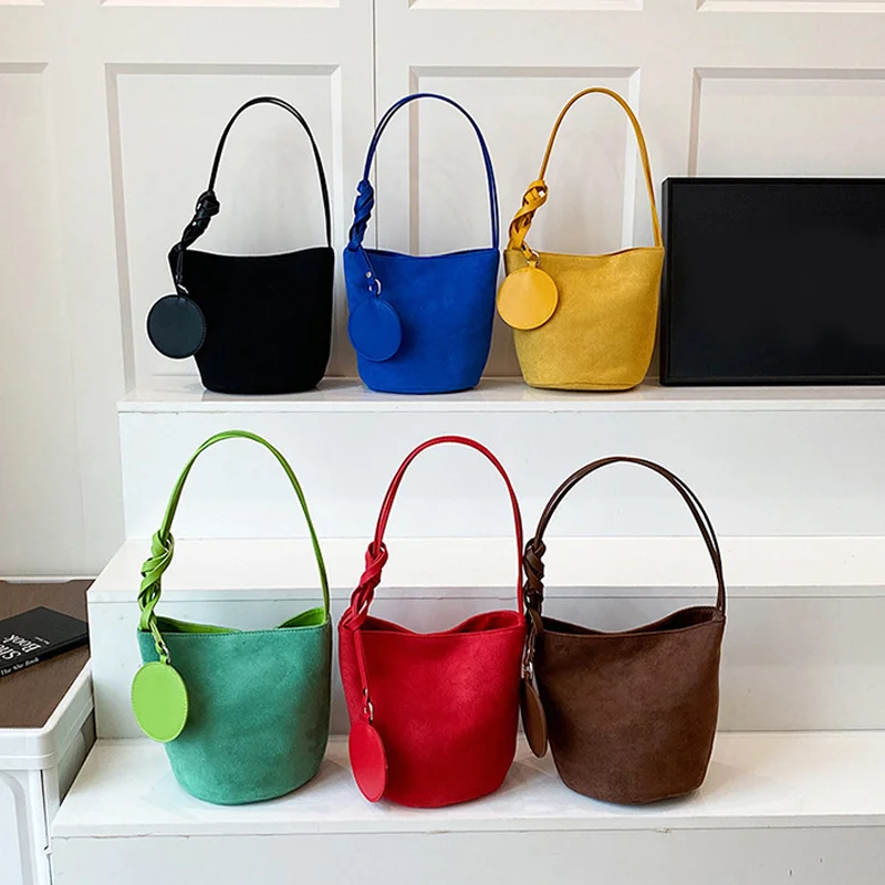 Solid Color Women Suede Shoulder Bucket Bags Large Capacity Versatile Ladies Underarm Female Phone Handbags Purse