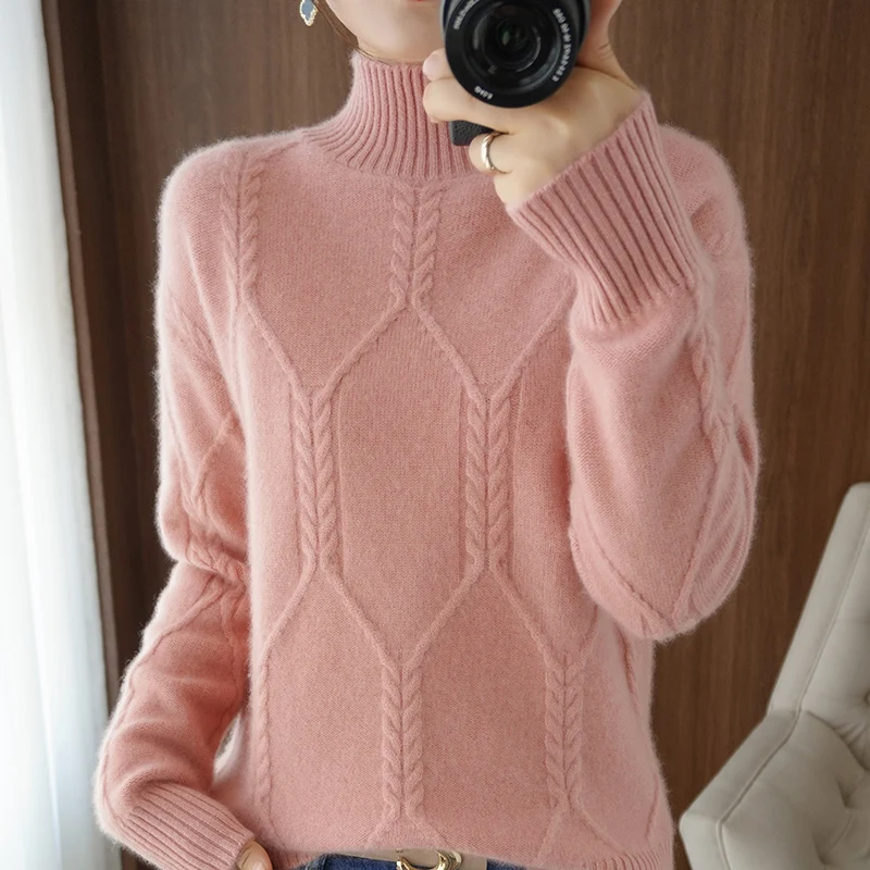 

Cashmere sweater women's turtleneck sweater solid color knitted turtleneck pullover 100% pure wool loose plus size sweater women