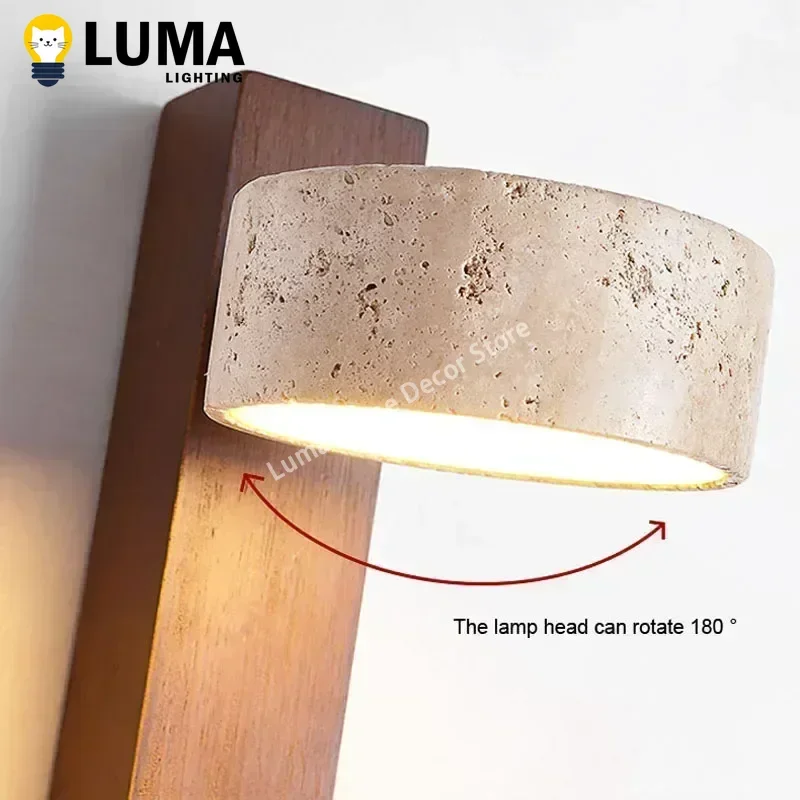 Luma Japanese Wabi Sabi Yellow Travertine Wall Lamp With Pull Chain Switch Rotable LED Wood Stone Lights for Bedside Apartment led light led wall lamp wall light