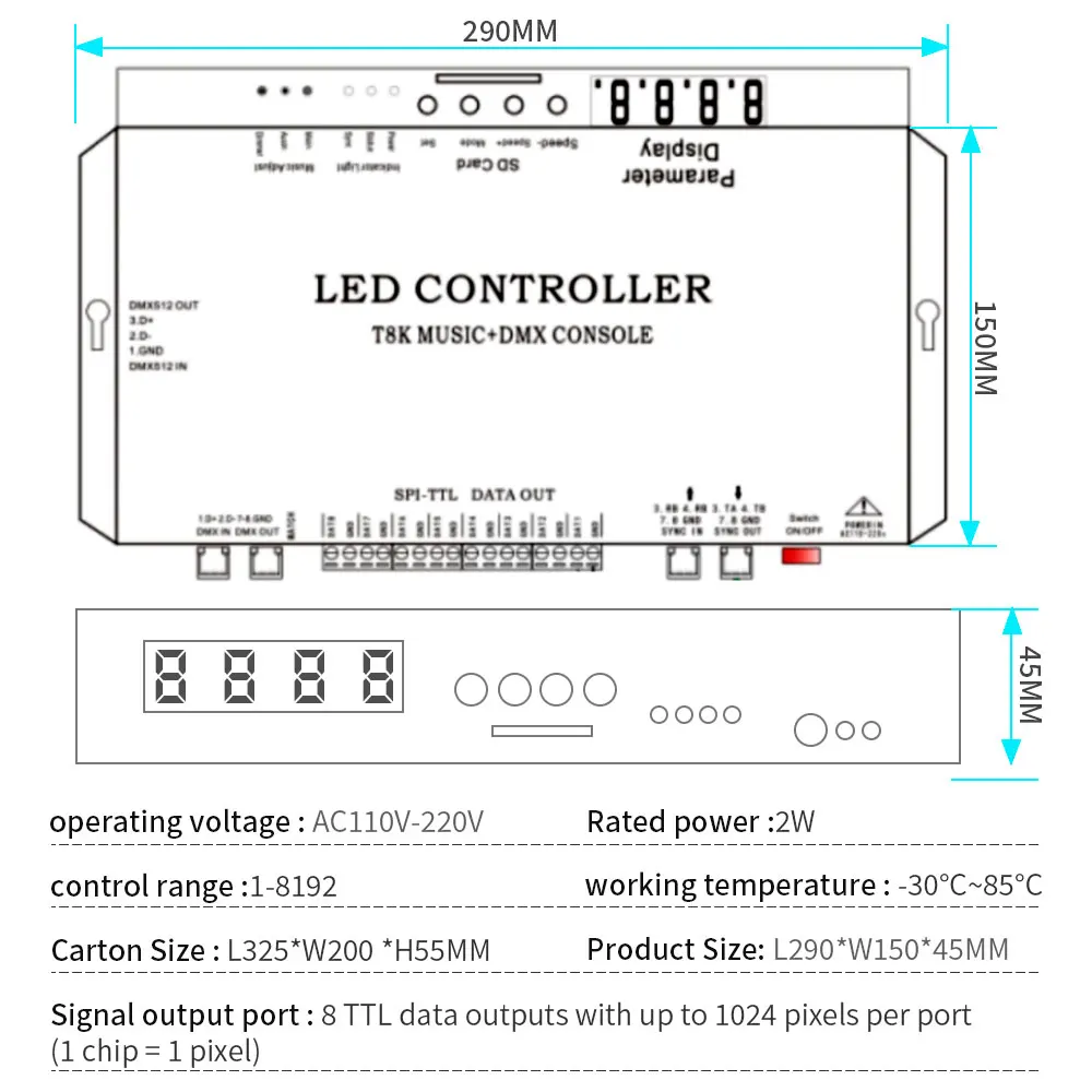 RGBIC SPI-TTL LED 스트립 라이트 컨트롤러, T8K 음악 및 DMX 콘솔, 8 채널 포트, 마이크 입력 및 Aux 입력, WS2811 WS2812B WS2813 WS2815