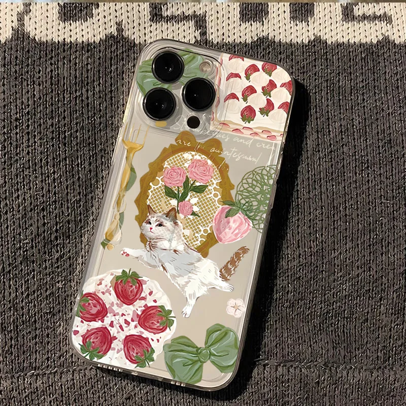 Korean Painted Cat Strawberry Case - Artistic Design Protective Phone Cover