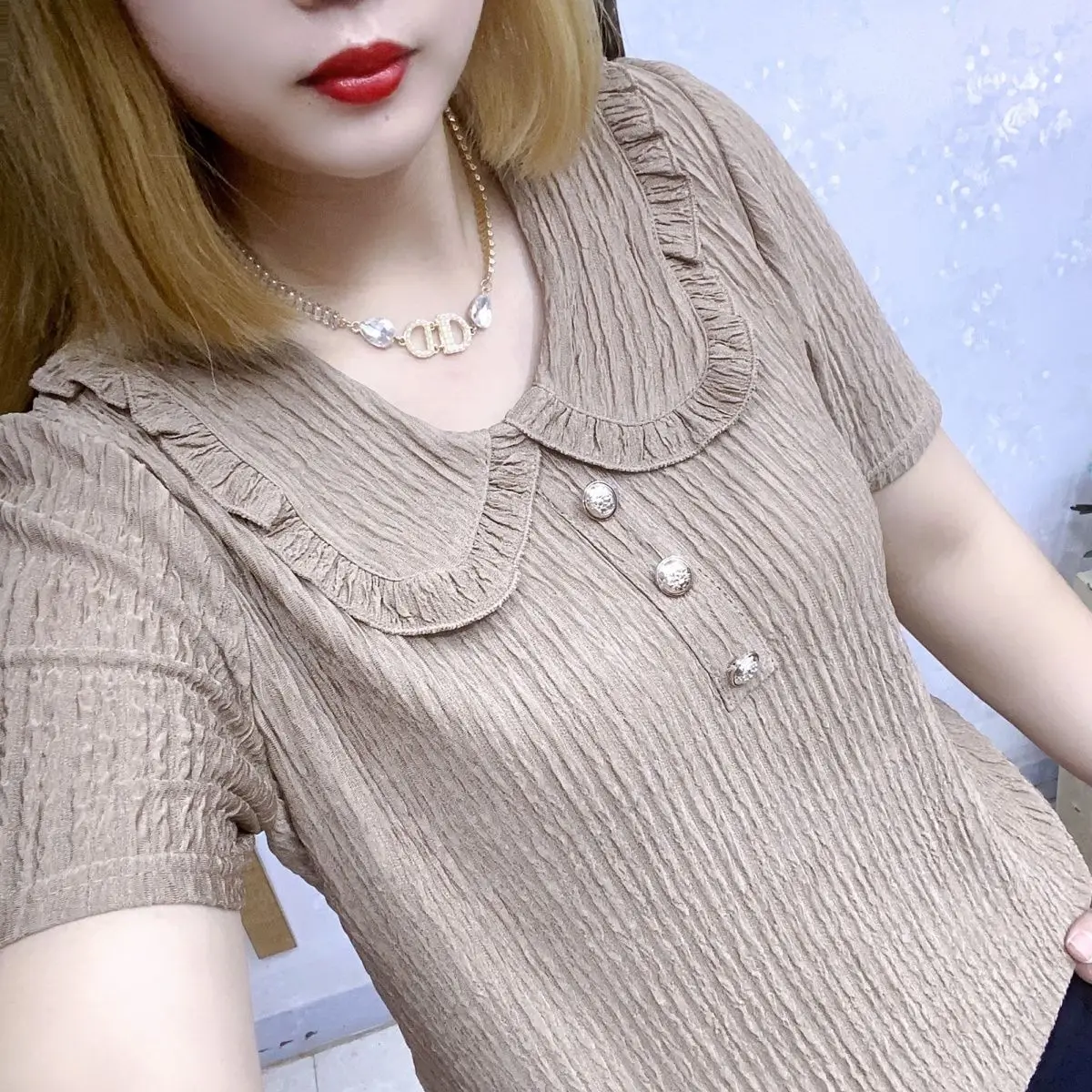 여성 반팔 티셔츠, 레트로 스타일, 트렌디 셔츠 상의, 프렌치 스위트 스트링, 루즈한 인형, 여름 신상