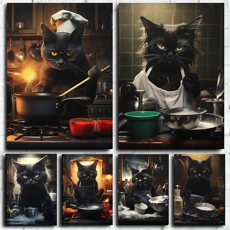Animal Black Cat Cooking Kitchen Chef Cute Funny Wash Dishes Poster Print Wall Art Pictures Canvas Painting Room Home Decor Gift
