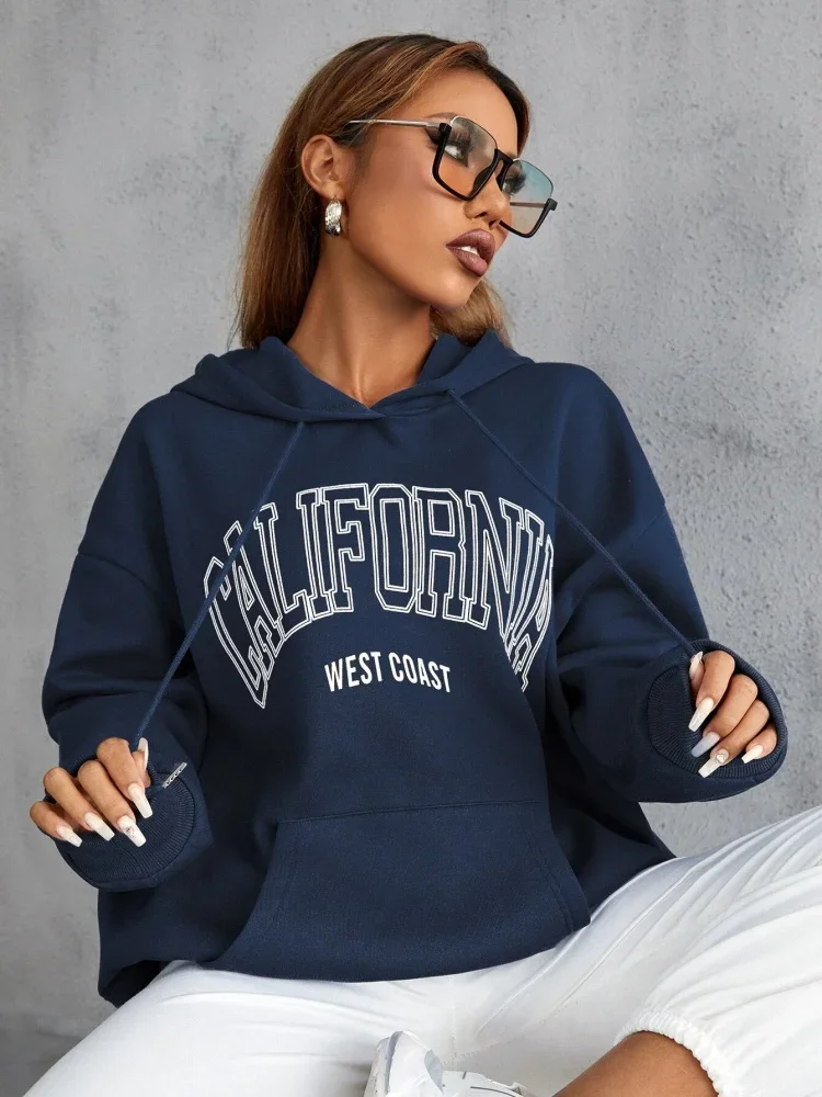 2024 Fashion California Letter Print Cotton Hoodie Casual Loose Warm Sweatshirt Autumn Winter Comfortable Women Pullover Clothes