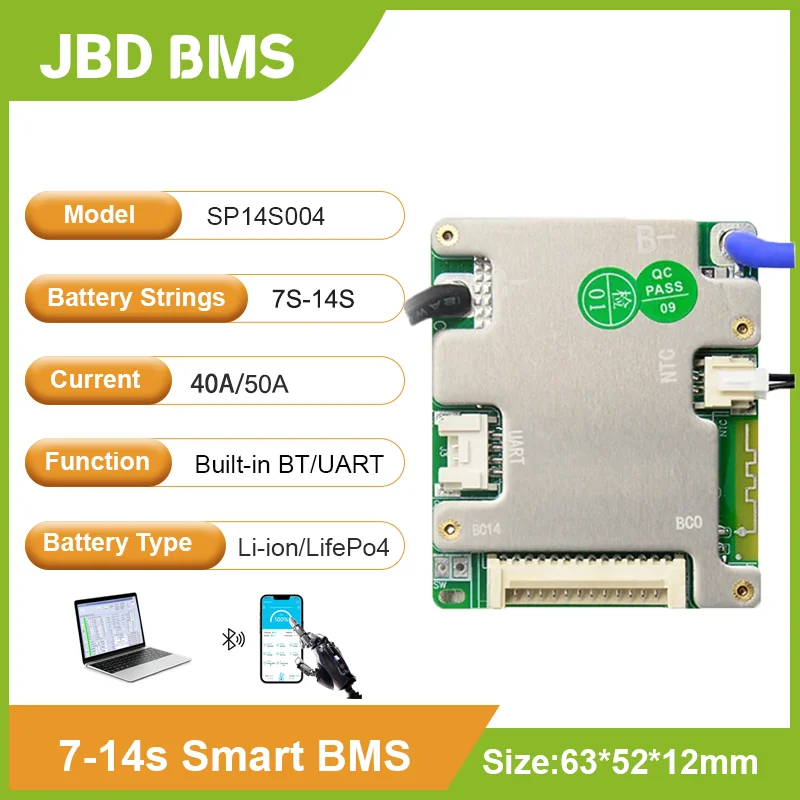 JBDBuilt-inBTSmartBMSLi-ionLiFePo424V36V48V7S8S9S10S11S12S13S14S40A50ABMSUARTWithBalanceFunction-AliExpress