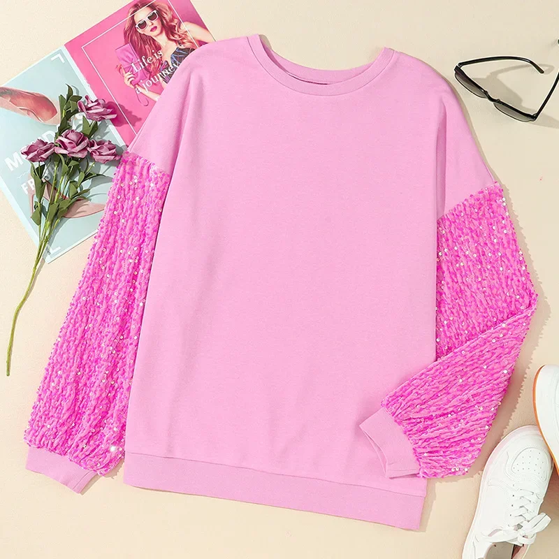 2024 New Women's Sequin Patchwork Pullover Long Sleeved Simple Versatile Colorful Sweatshirts O Neck Casual Tops NASY0002