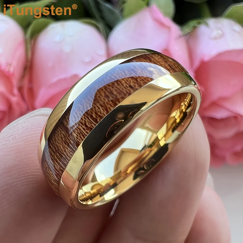 iTungsten 6mm 8mm Gold Plated Tungsten Ring for Men Women Engagement Wedding Band Fashion Jewelry Real Wood Inlay Comfort Fit